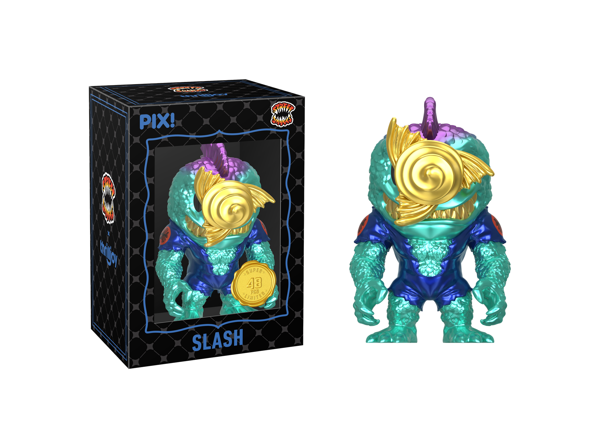 Colorful figurine with 'SLASH' branding next to its packaging