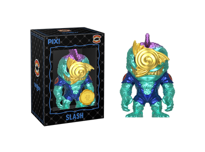 Colorful figurine with 'SLASH' branding next to its packaging