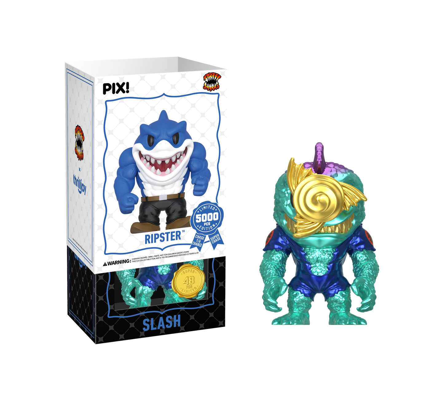 Shark-shaped toy figure with packaging labeled 'Ripster' and 'Slash'.