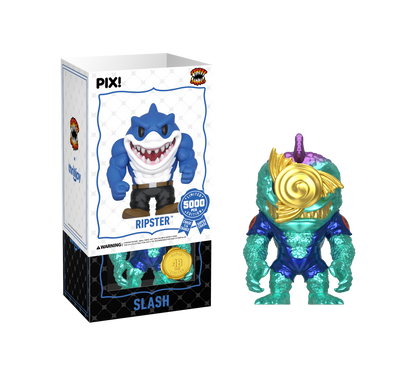 Shark-shaped toy figure with packaging labeled 'Ripster' and 'Slash'.