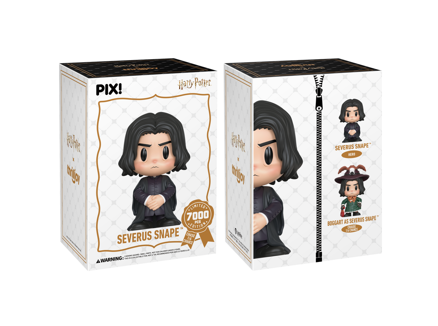 Two boxes of a Severus Snape figurine from Pixi, one open showing the figurine and the other closed.