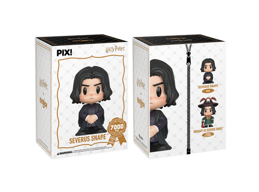 Two boxes of a Severus Snape figurine from Pixi, one open showing the figurine and the other closed.