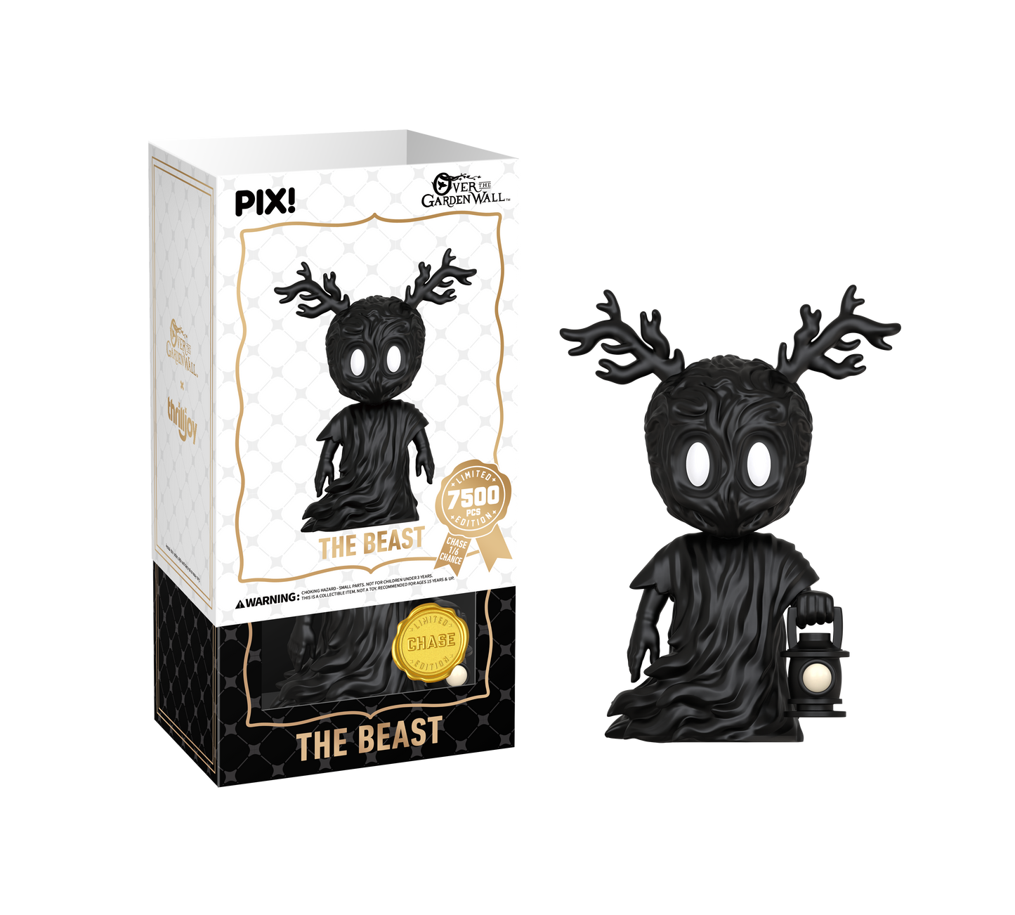 Black 'The Beast' figurine with antlers and a lantern next to its packaging on a white background