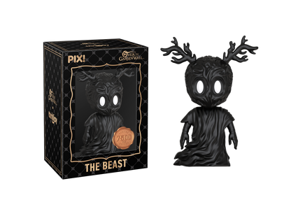 Black 'The Beast' figurine with packaging on a white background
