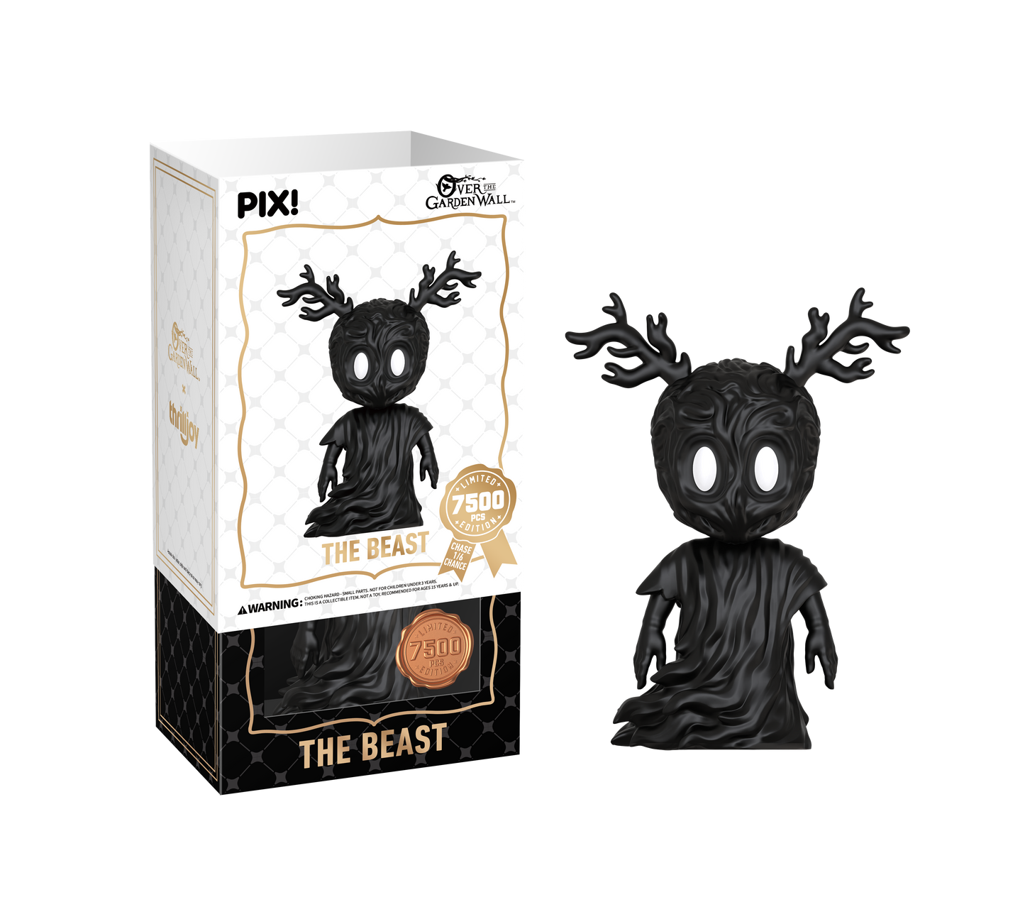 Black 'The Beast' figurine with antlers, displayed with packaging on a white background.