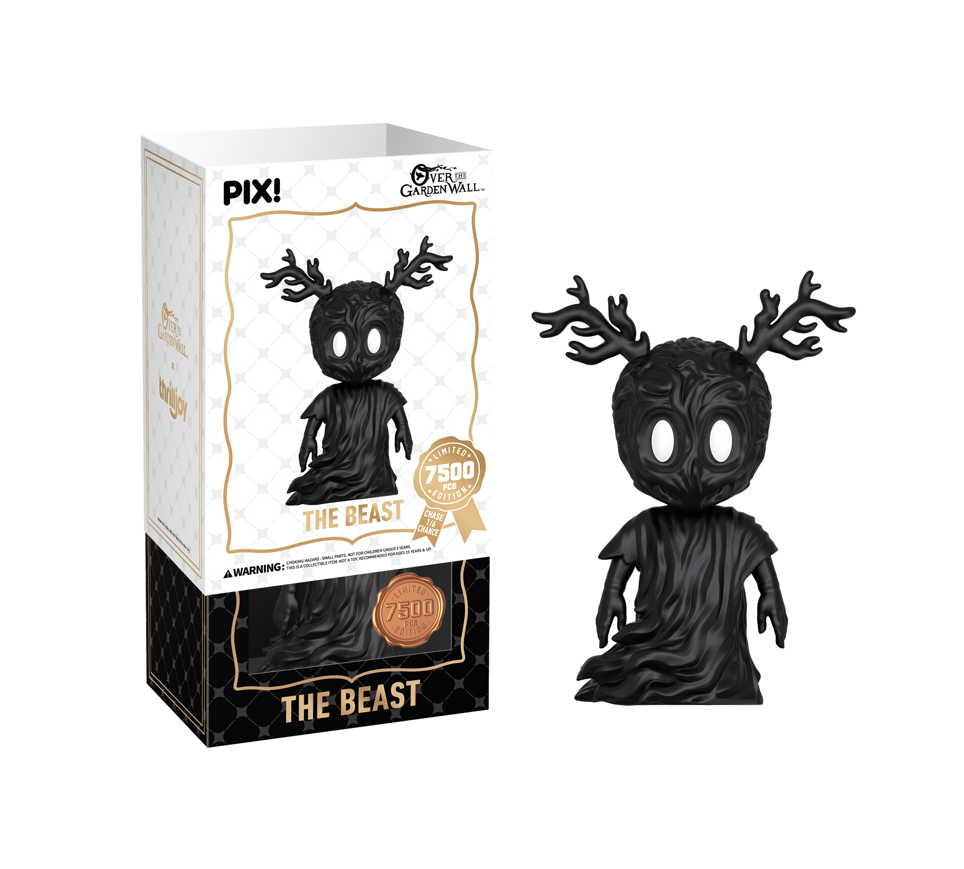 Black 'The Beast' figurine with antlers, displayed with packaging on a white background.