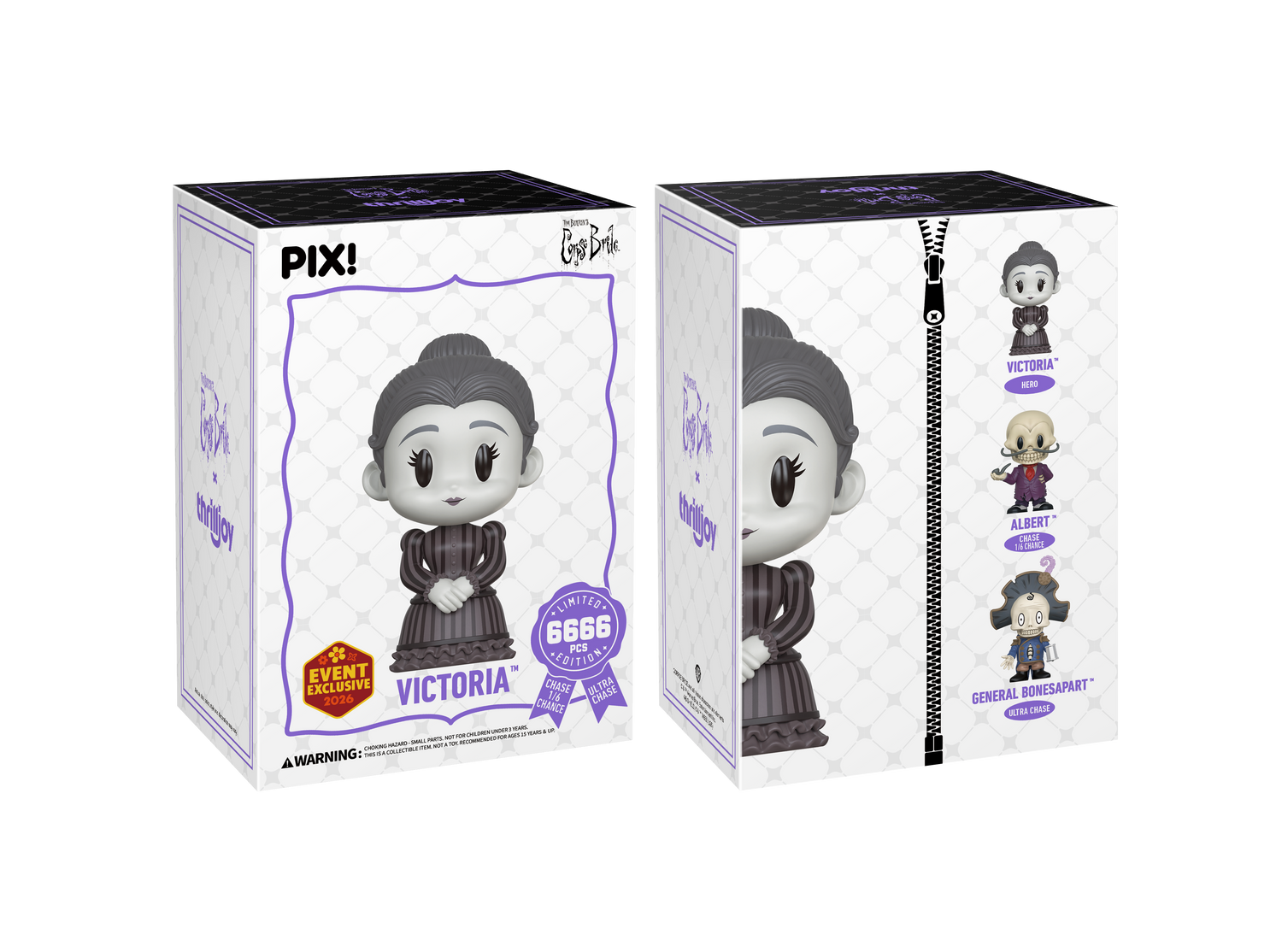 Two boxes of a collectible figure Victoria from Corpse Bridewith 'Pix' branding on a white background