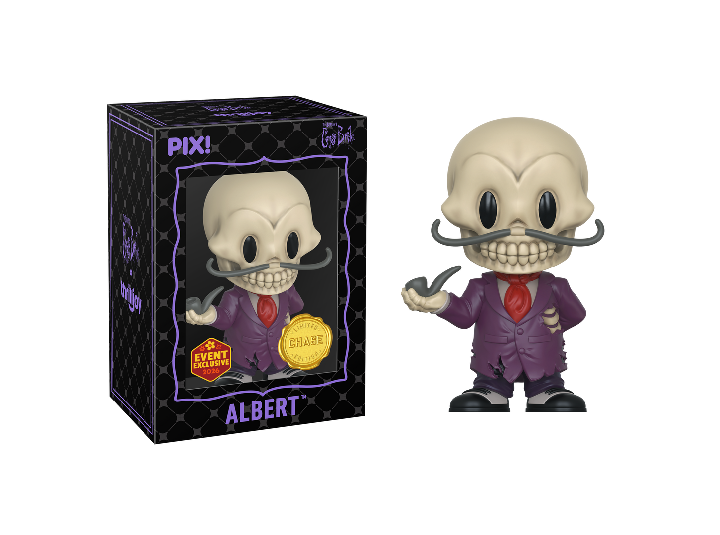 Thrilljoy vinyl figure of a character named Albert with a mustache and purple suit, next to its packaging.
