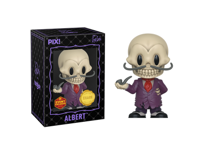 Thrilljoy vinyl figure of a character named Albert with a mustache and purple suit, next to its packaging.