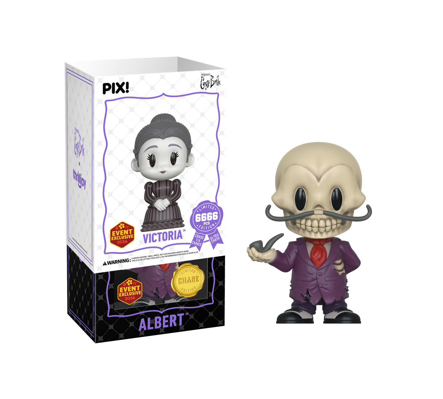 Thrilljoy figure of Albert character in a suit with a mustache next to its packaging