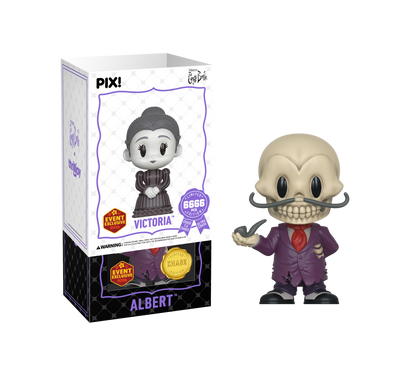 Thrilljoy figure of Albert character in a suit with a mustache next to its packaging