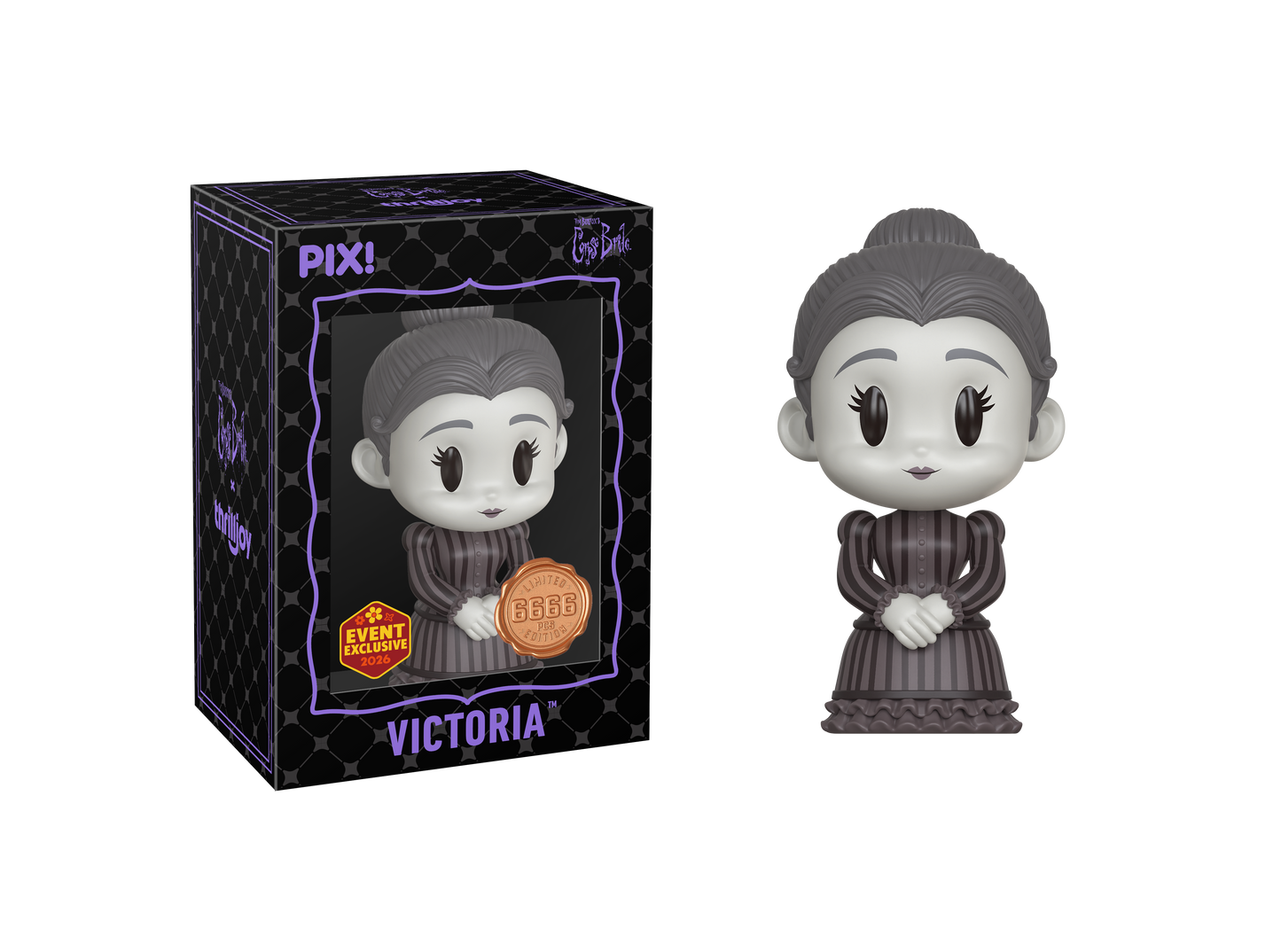 Thrilljoy vinyl figure of a character named Victoria in a box with 'Pix!' branding.